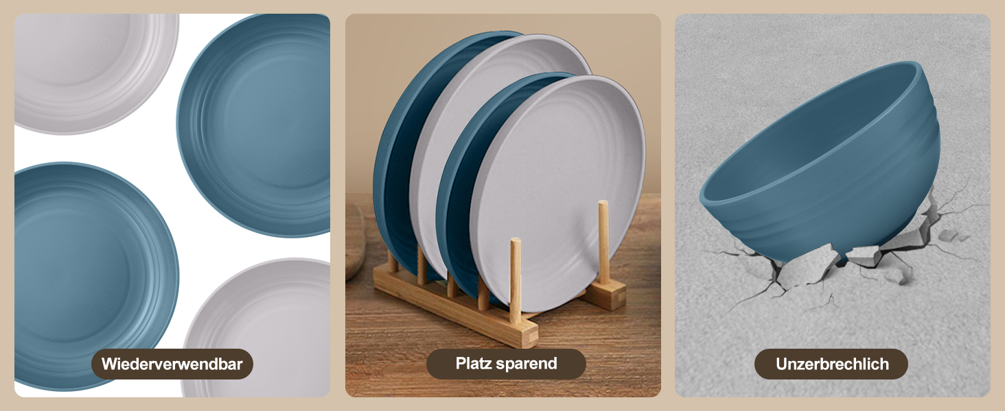 Набір посуду Odoland на 4 особи, 17 предметів: тарілки, миски, чашки (блакитний)