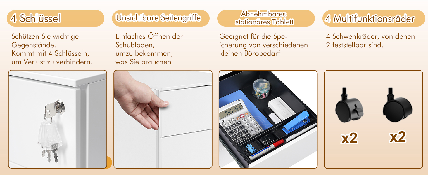 Роликовий контейнер HOMSTEEL з замком, 4 ключі, 4 шухляди, металевий шафа, готовий до збирання, для офісу, домашнього офісу, білий (44T x 37B x 69.5H cm)