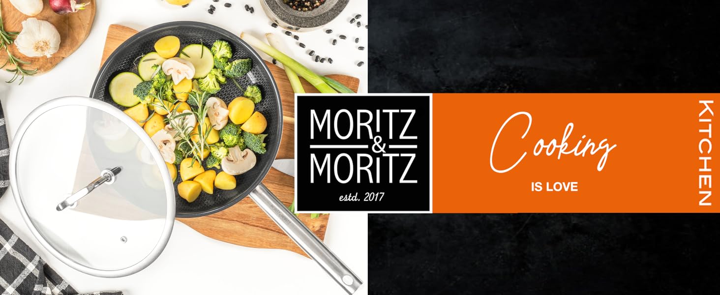 Сковорода з нержавіючої сталі Moritz & Moritz з кришкою 28 см з керамічним покриттям нового покоління - підходить для всіх типів плит - антипригарна сковорода з вафельною структурою для приготування, смаження та тушкування. Діаметр 28 см