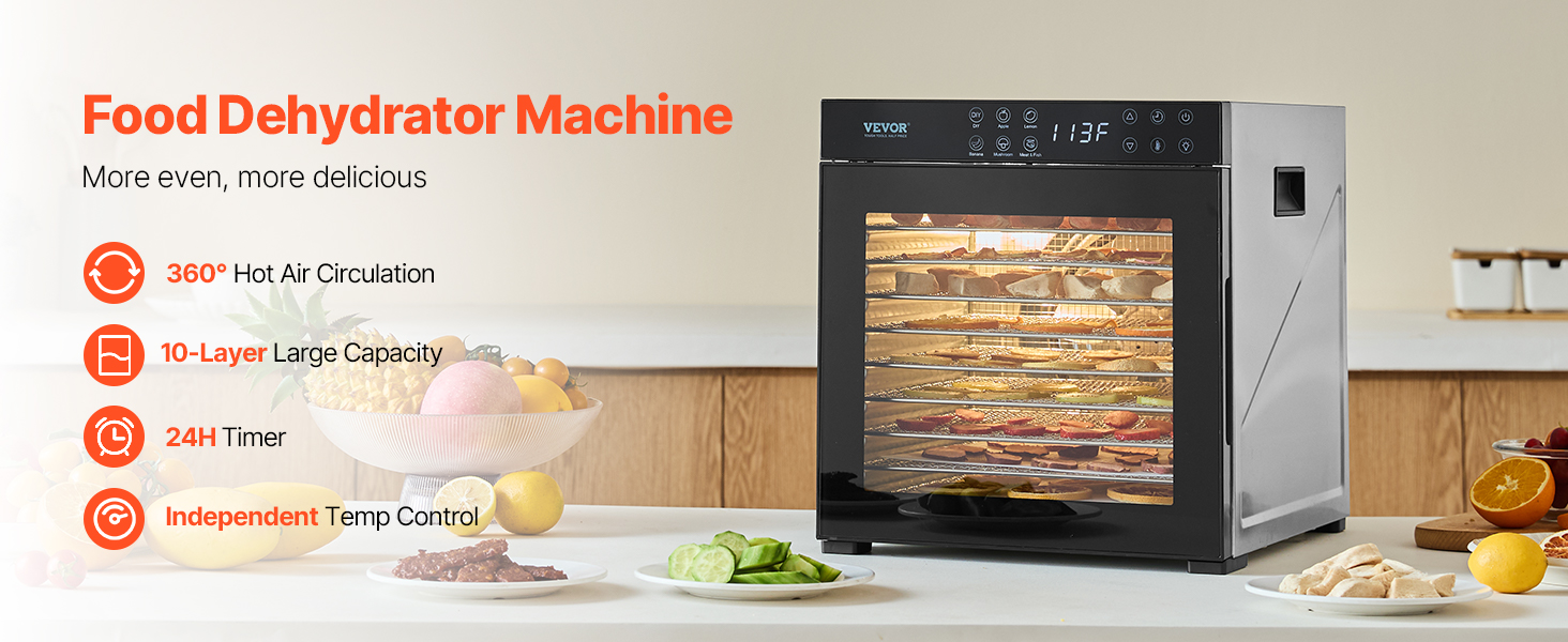 Електрична сушарка для продуктів VEVOR з 10 чашами з нержавіючої сталі, 1000 Вт, сушарка для м'яса, фруктів, овочів, трав, собачих ласощів