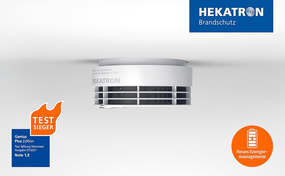 Датчик диму Hekatron Genius Plus з батареєю на 10 років – Тест-переможець Stiftung Warentest – Зроблено в Німеччині – з клейкою підкладкою – з підтримкою додатку – 1 шт.