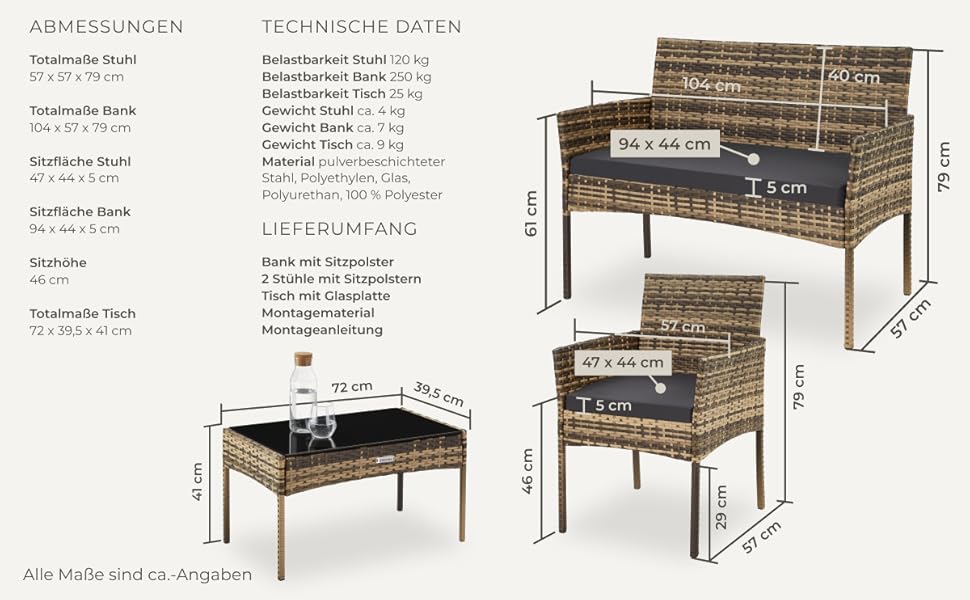 Набір садово-розкладних меблів tectake® з ротангу: банкетка, 2 крісла, столик, подушки, для балкона/тераси