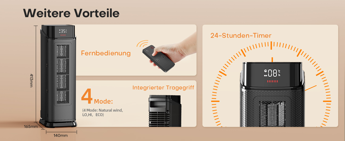 Електричний обігрівач QEXREED 2000W з PTC, 4 режими, ECO, осциляція 90°, таймер 24г, пульт, тихий, захист від перегріву та перекидання