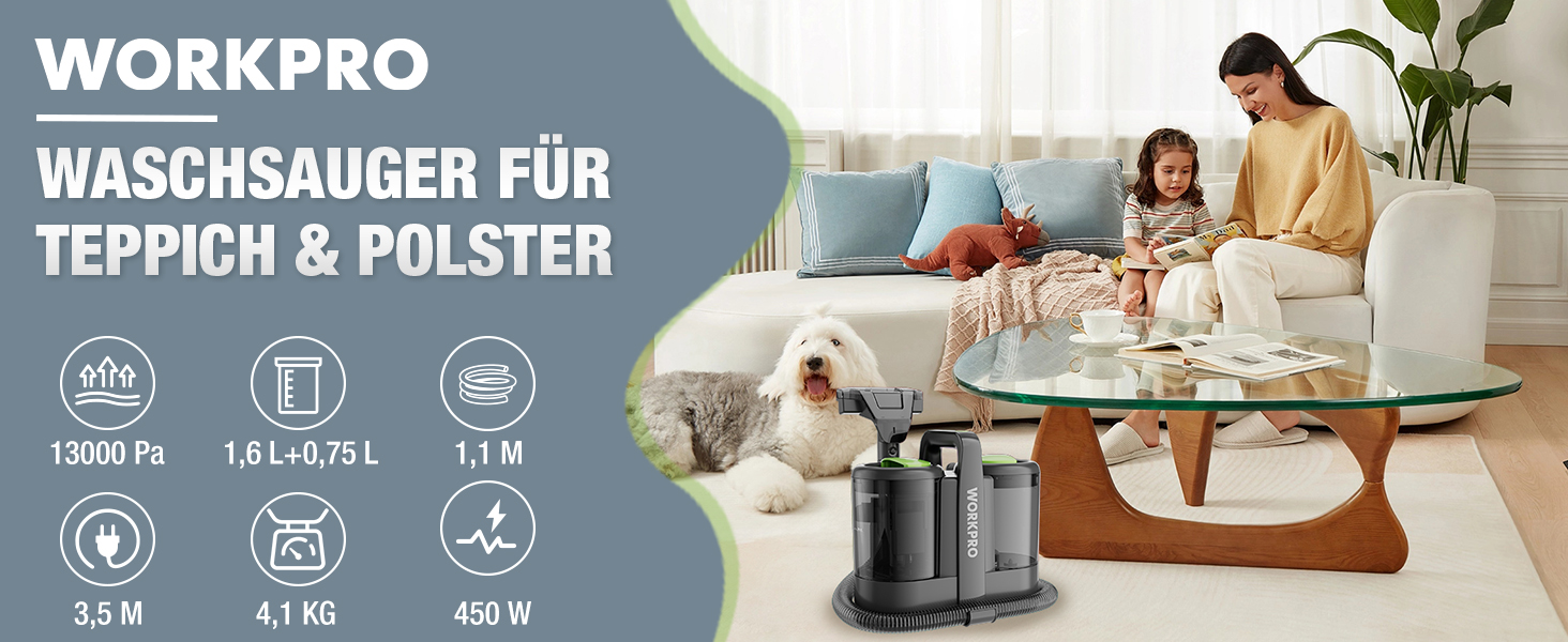 WORKPRO Мийний пилосос 450W 13kPa, 1.6L з миючим засобом та 2 насадками, для килимів, диванів, авто
