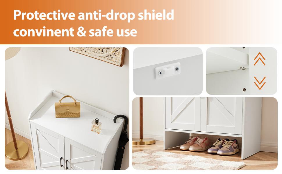 Шафа для взуття 5-ярусна в стилі фермерського дому з 2 дверцятами, самостійна шафа для взуття з регульованою полицею та металевими кутовими прикрасами для передпокою та коридору, біла