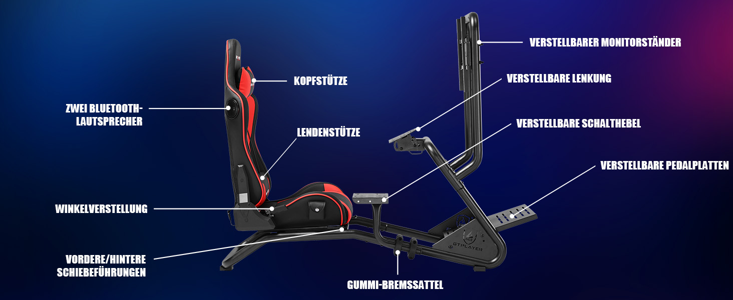 Ігровий симулятор GTPLAYER Cockpit для керма: стійка з 3D-стереодинаміками, тримачем для монітора, педалей та КПП, регульована (Бордовий)