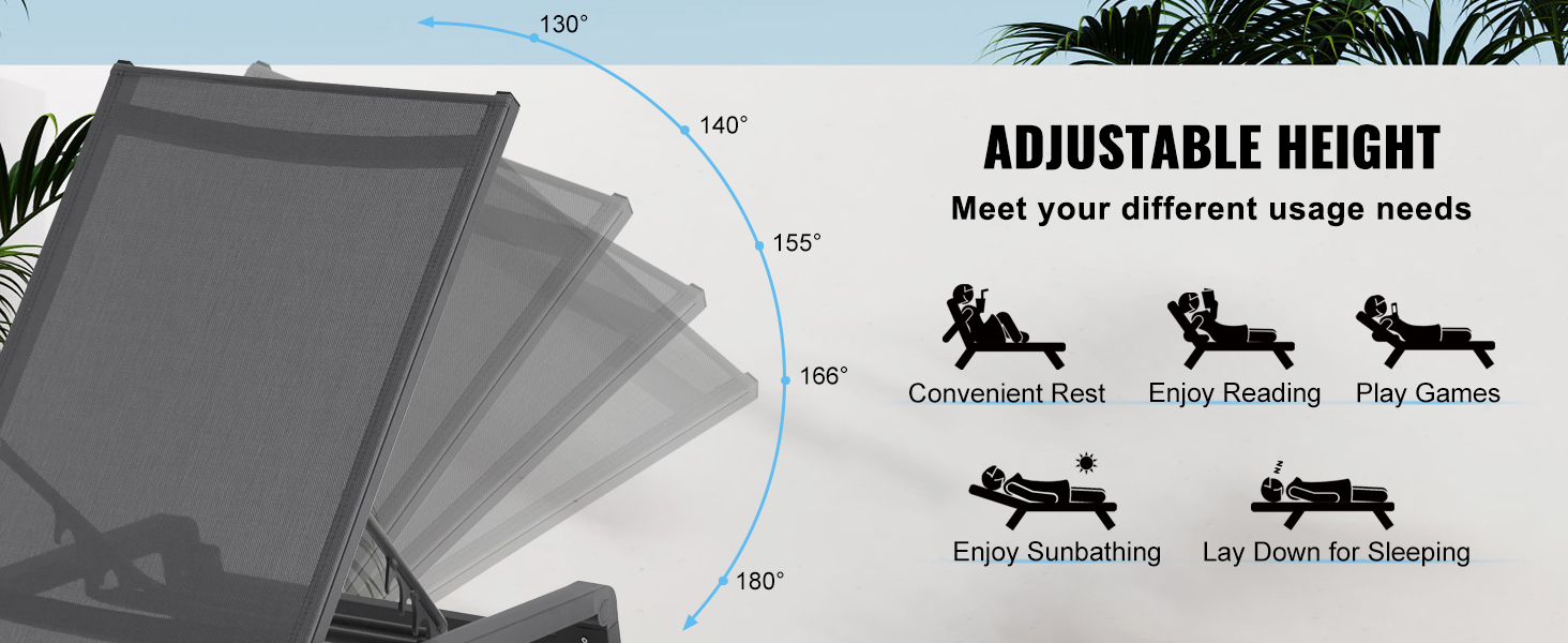 Лежак для відпочинку VEVOR, 182x60x88 см, алюмінієвий, 5 положень, для саду, тераси, пляжу, басейну, темно-сірий