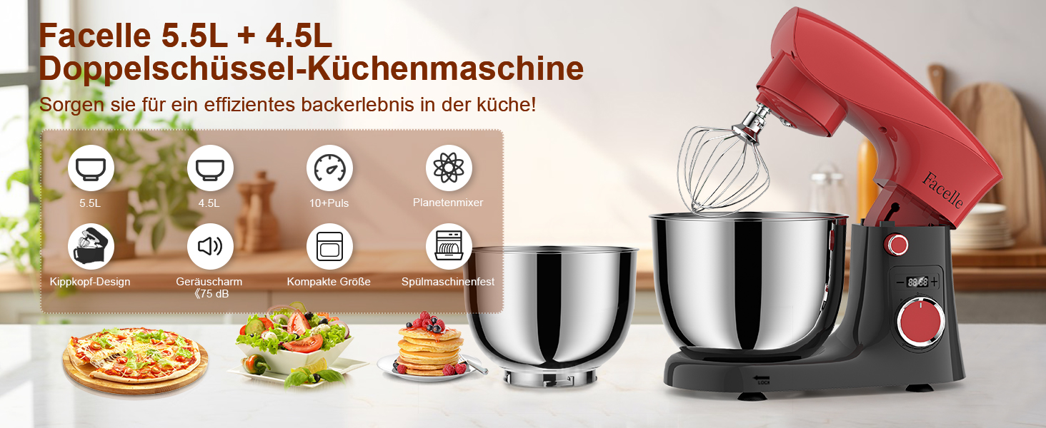 Кухонна машина-міксер Facelle 1500W з чашею 5.5L/4.5L, 10+ програм, тиха робота, з набором насадок (червоно-сірий)