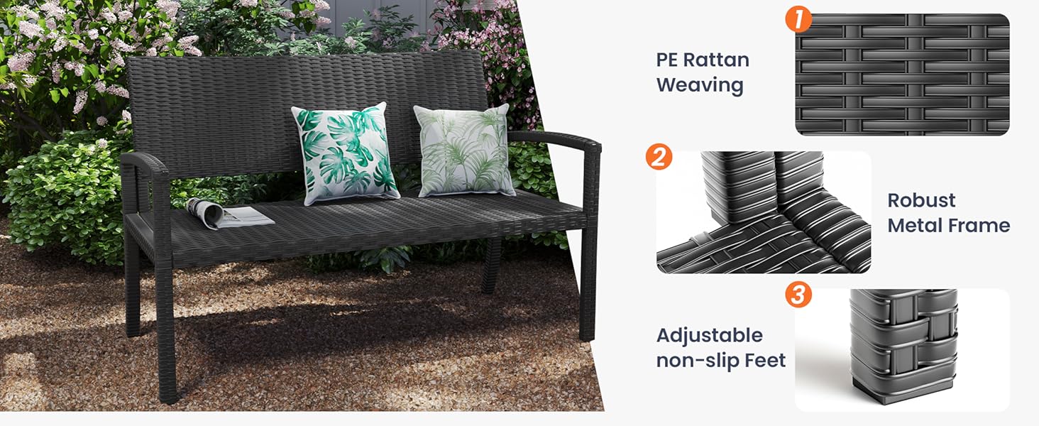 Садова лавка Udpatiо з ротангу для тераси, балкона та саду, чорна 123x63x86 см, витримує до 320 кг