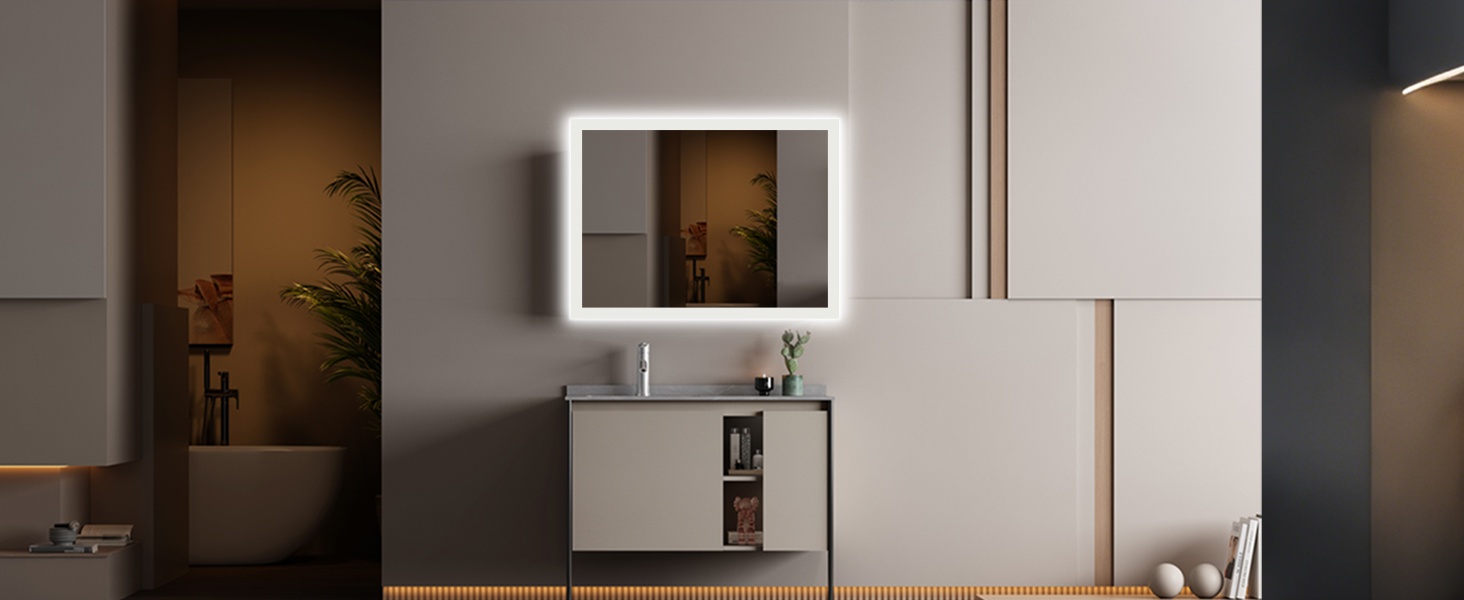 Дзеркало для ванної кімнати з підсвічуванням LED, антизапар, 2 кольори світла (3000K/6500K), нахильний вимикач, прямокутне, 45x60 см