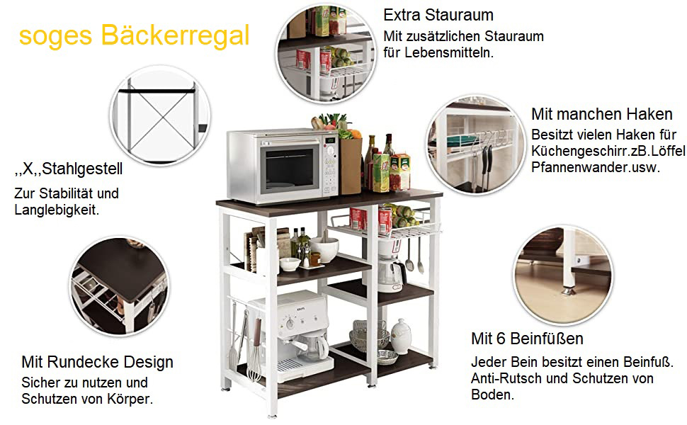 Стелаж для кухні Soges: місткий, з 3 полицями, для мікрохвильової печі, чорний (темно-коричневий)