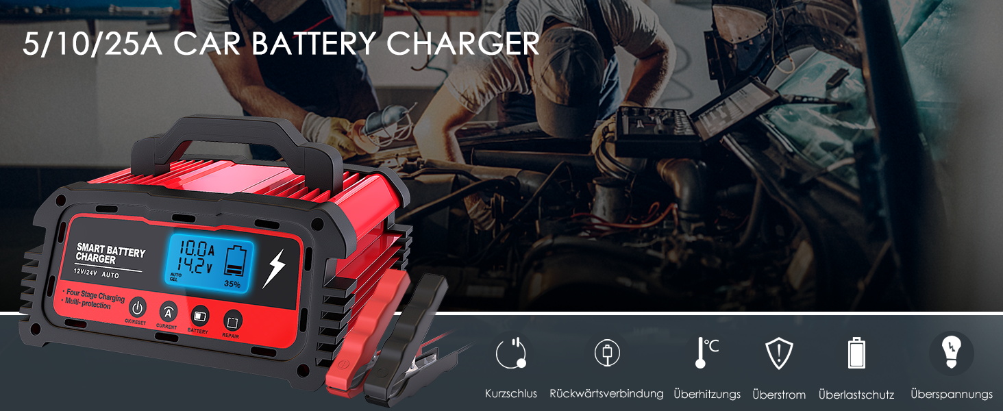 Зарядний пристрій для акумулятора 12V/24V LEICESTERCN - Автомобільний, мотоциклетний, з LCD, 5/10/25A, 6-ступінчастий, з багаторазовим захистом
