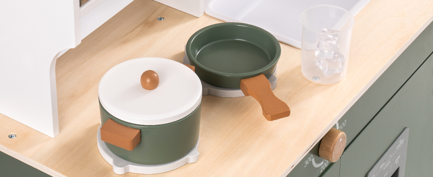 Дерев'яна дитяча кухня ROBOTIME Retro з аксесуарами, мікрохвильовка, диспенсер для льоду, шафка з ротангу, зелений колір, для дітей 3-8 років