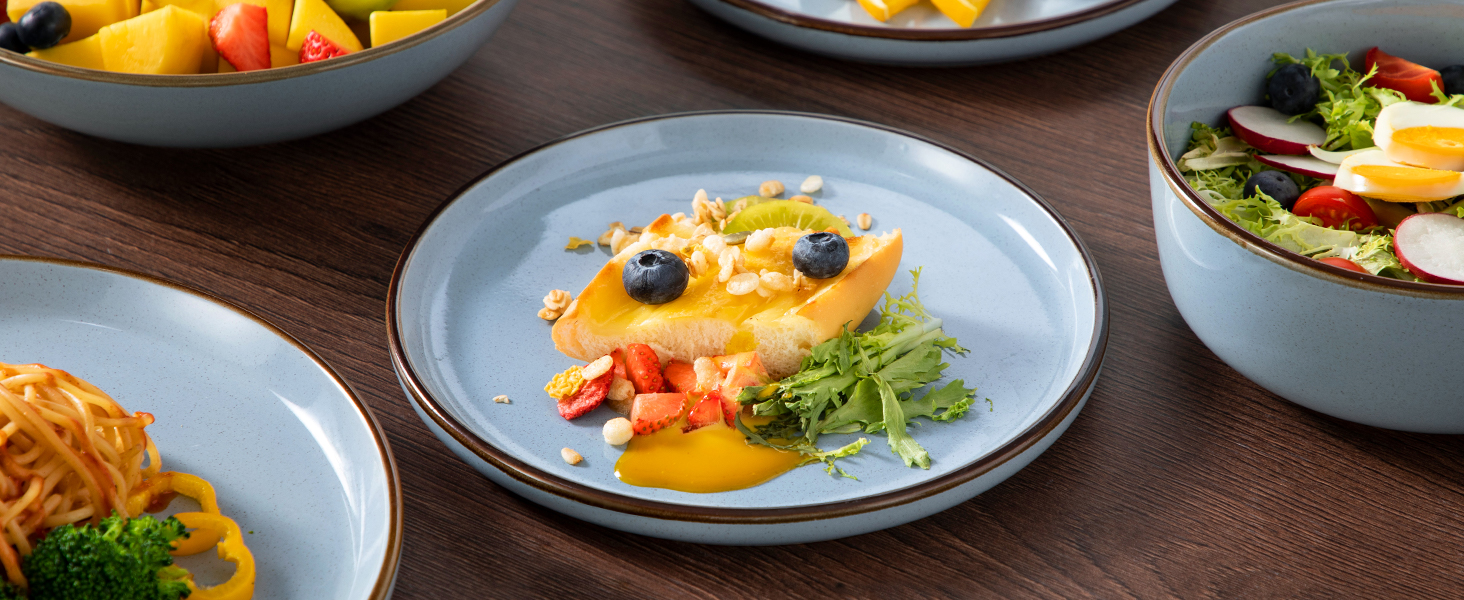 Набір посуду Steingut vancasso LOIRE 24тг. для 6 осіб: тарілки, супові тарілки, десертні тарілки, миски. Сучасний блакитний дизайн, безпечний для мікрохвильовки та посудомийної машини.