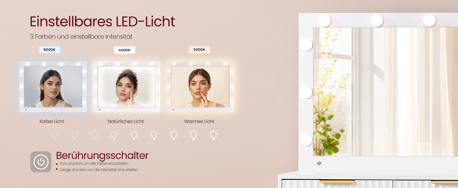 Дзеркальний туалетний столик VASAGLE з пуфом та 10x збільшенням, LED-підсвічуванням, ящиками та станцією для зарядки, 40 x 110 x 135 см, білий