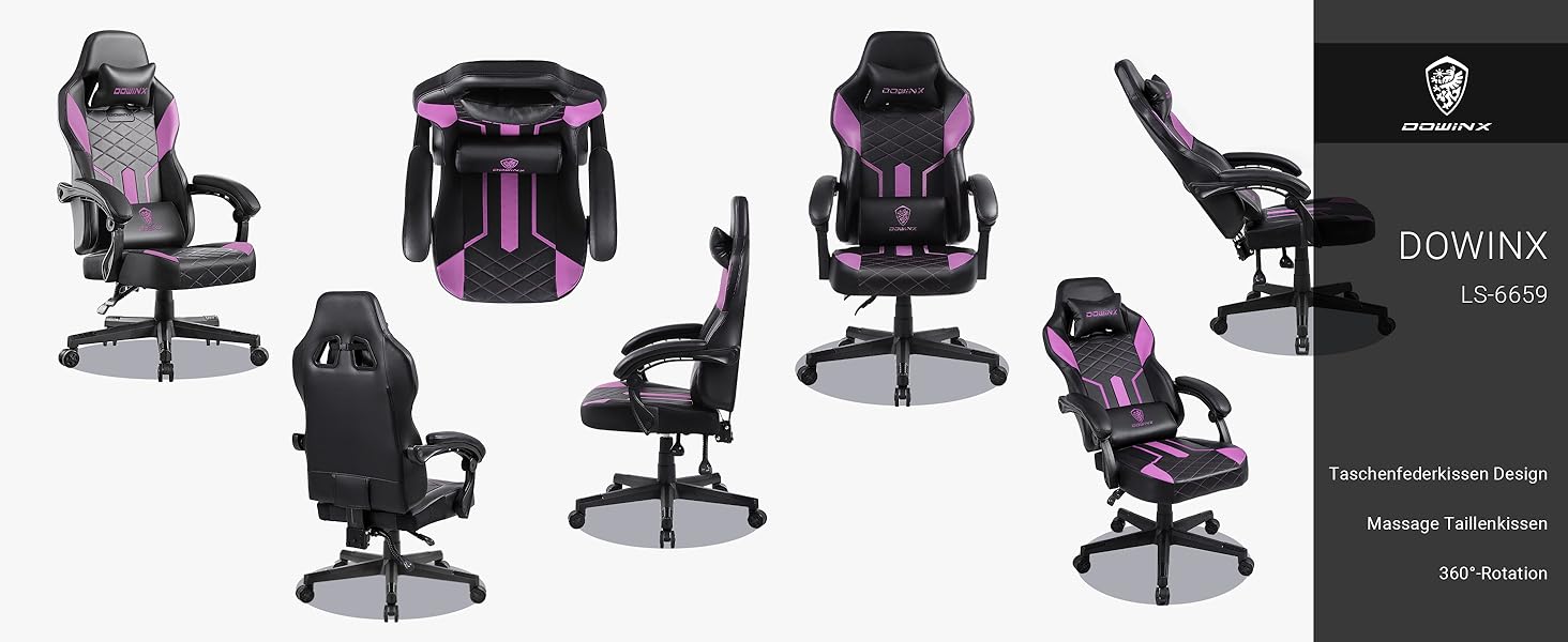 Ігровий крісло Dowinx Racing з підголівником та підтримкою попереку, ергономічний геймерський слінг з PU шкіри, чорно-фіолетовий, 150 кг