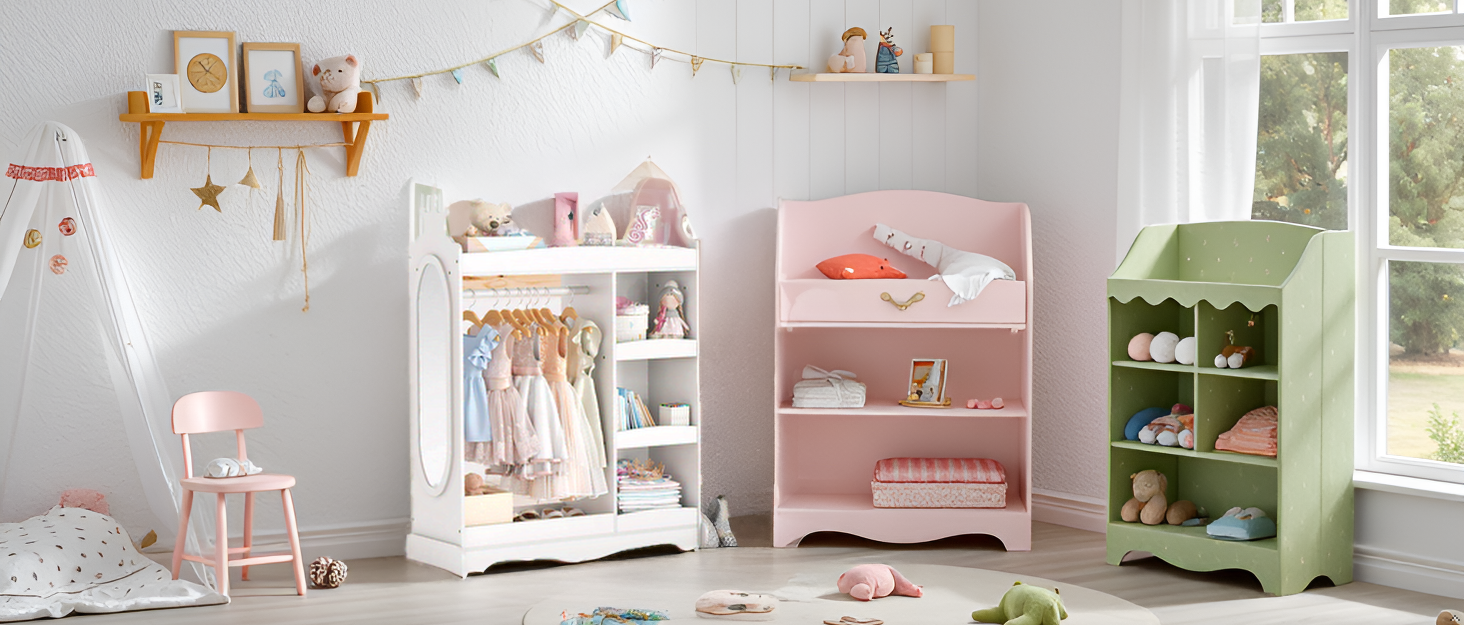 Дитяча шафа LUE BONA з дзеркалом та штангою, 3 гачками та відкритими полицями, 85 x 34 x 112 см, білий колір