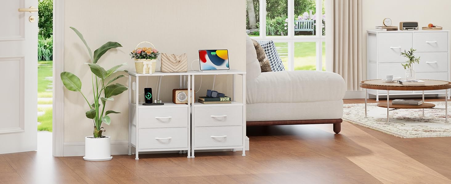 Нічний столик Somdot з LED, USB та Type-C, 2 висувні ящики, штучна шкіра, білий (30x40x60 см)