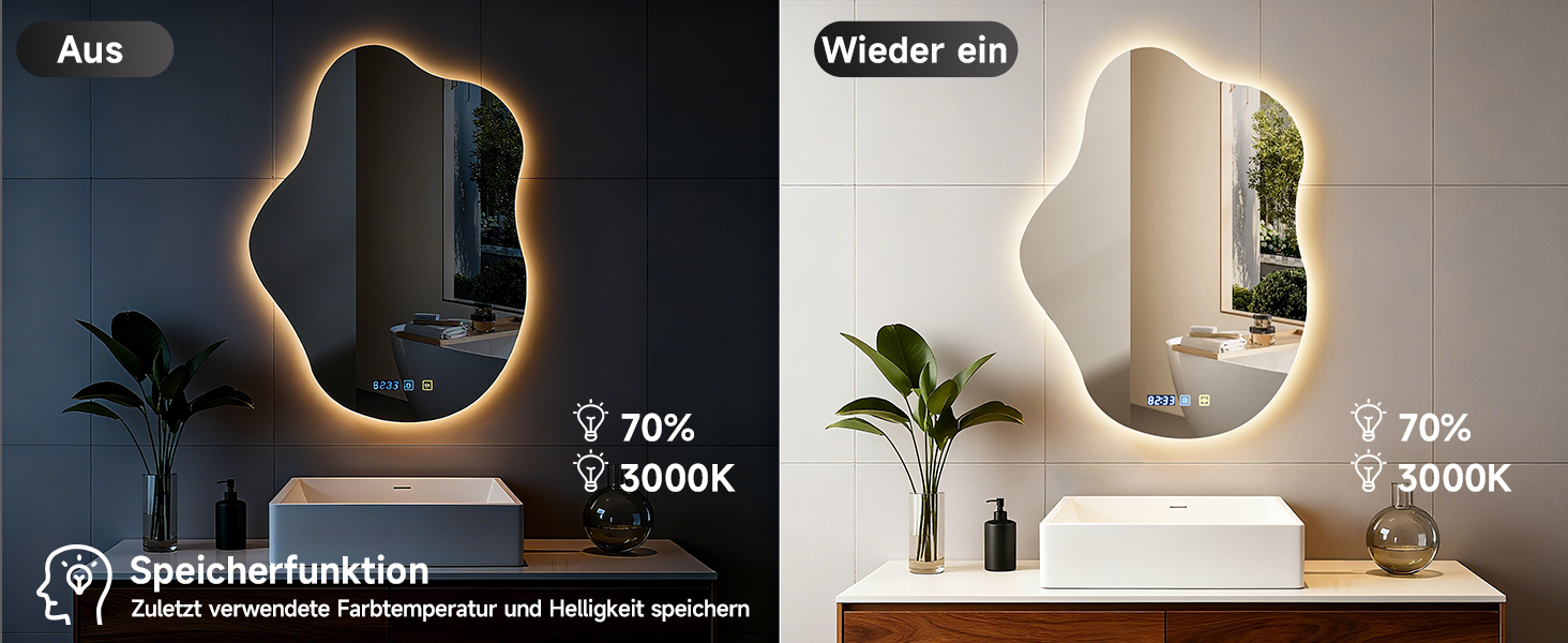 Дзеркало для ванної кімнати з підсвічуванням 50x70 см, з підігрівом, годинник, LED-підсвічування, сенсорна кнопка, функція пам'яті, 3 кольори світла, регулювання яскравості