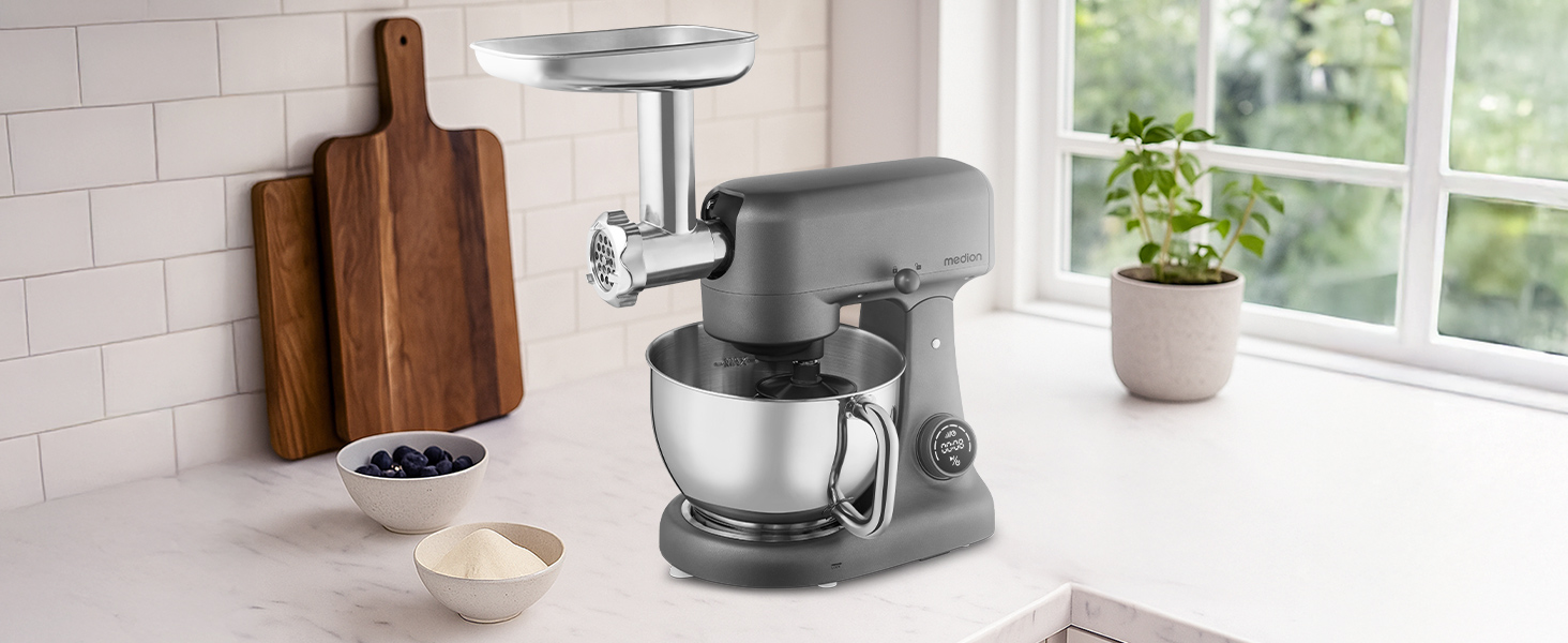 Кухонна машина MEDION MD 12600 Titan: м'ясорубка, 4.6 л чаша з нержавіючої сталі, 800 Вт, тихий двигун, сенсорне дисплею