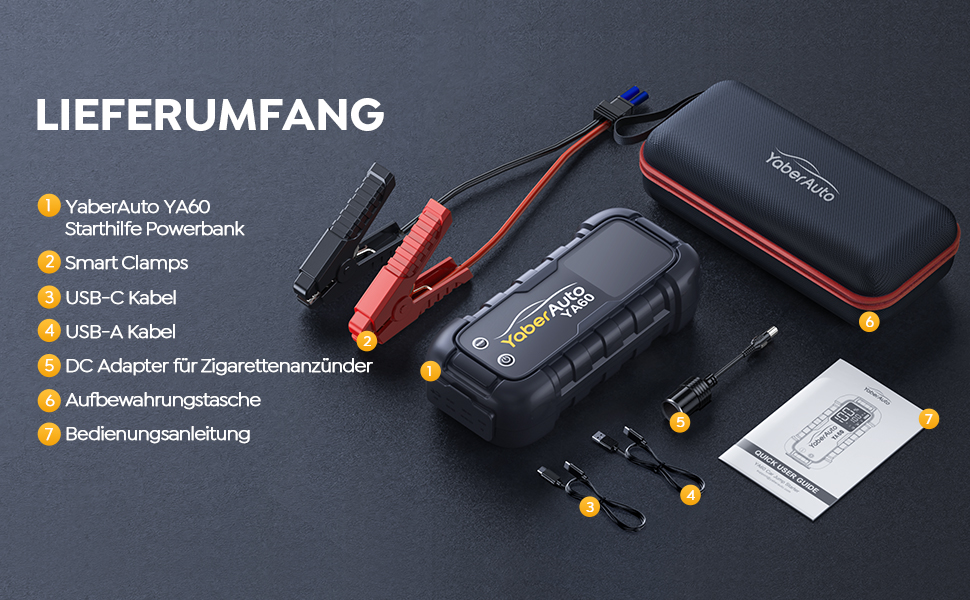 Бустер для автомобіля YaberAuto 8000A, пусковий пристрій Powerbank 26800mAh, 65W USB-C PD, для бензинових та дизельних двигунів до 12.0л, з ліхтарем 600 Лм