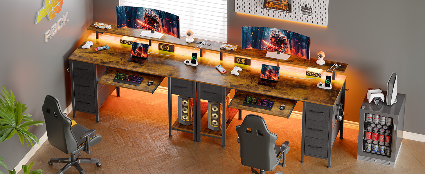 Ігровий стіл Seventable з LED підсвіткою, розетками та USB портами, шухлядами, підставкою для клавіатури та монітора (120x47x87 см, вінтажний коричневий)