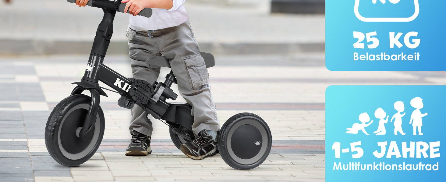 Біговел-триколіс KIDIZ 6-в-1 для дітей 1-5 років до 25 кг, з ручкою, захисним бампером, ременем безпеки, дзвінком та дзеркалом (Антрацит)