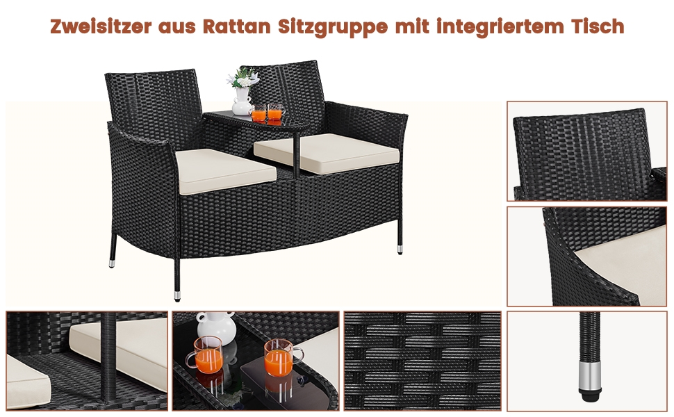 Садовий комплект Yaheetech: двомісна банкетка з столом з поліротангу, чорно-бежевий, 131x65,5x85 см, вантажопідйомність 350 кг