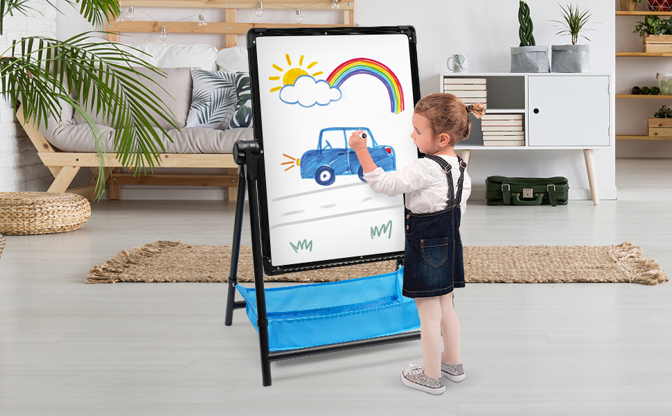 Дитяча мольберт Kinderstaffelei з двома боками, складний, регульована висота 74,9-111,8 см, з місцем для зберігання, поворотний на 360°, мольберт для малювання та дошка з набором літер та цифр, рожевий для хлопчиків та дівчаток