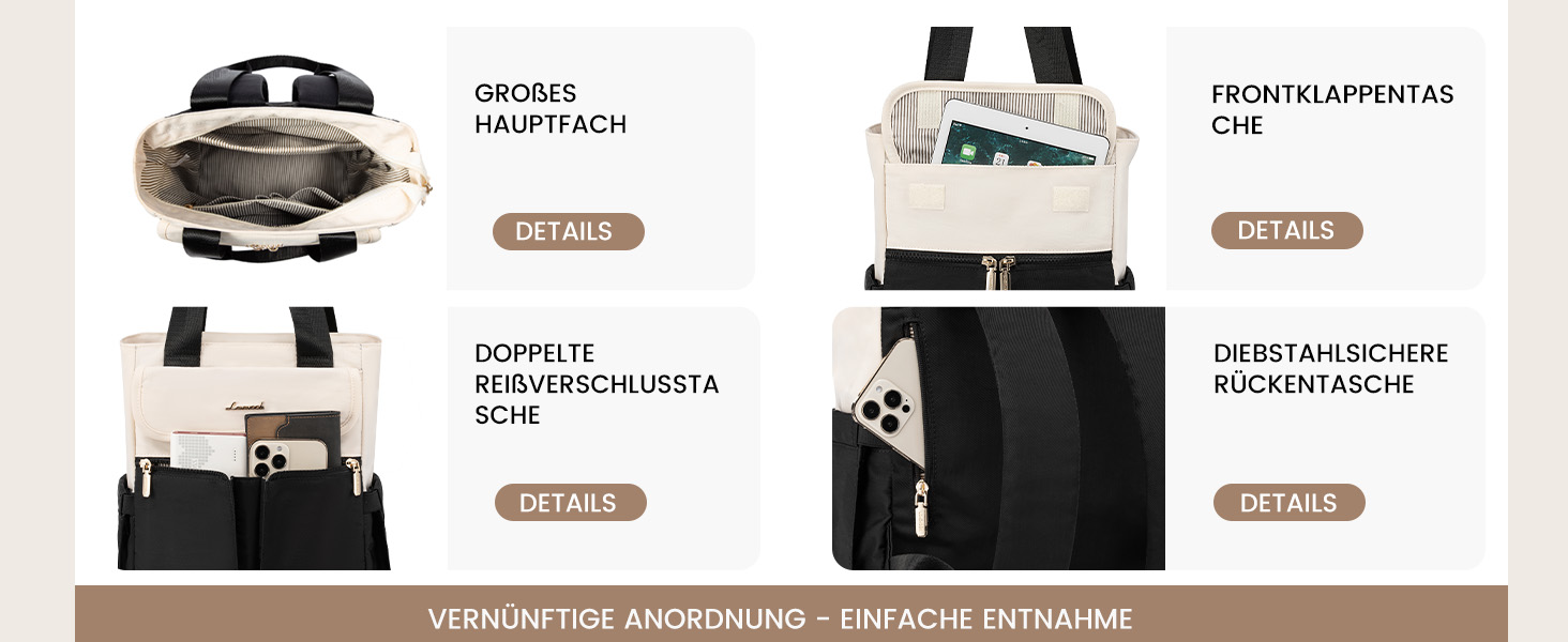 Жіночий рюкзак LOVEVOOK: компактний, водонепроникний, для ноутбука 15.6 дюймів, у стилях beige, black, brown