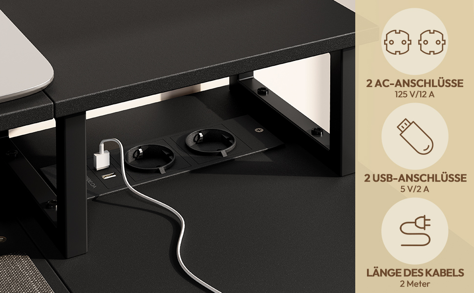 Кутовий стіл Yaheetech L-подібний з розетками 120x68 см, геймерський стіл з тримачем для монітора, 4 шухляди, 2 полиці, кишенька для зберігання, для дому/офісу (чорний)