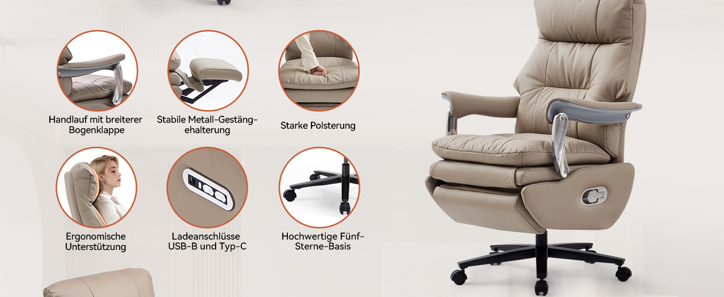 Крісло для офісу EMIAH з масажем, ергономічне електричне крісло з підніжкою, велике крісло для комп'ютера, крісло Zero Gravity, крісло-реклайнер для дому (Хакі), еко-шкіра