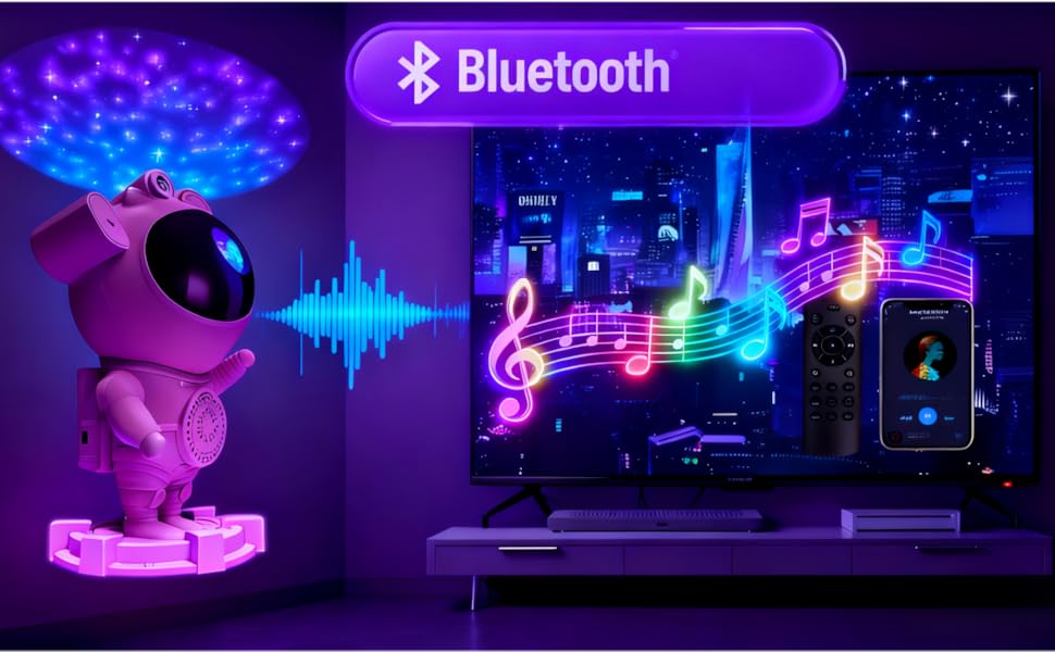 Нічник-проектор «Астронавт» зі звездним небом та галактикою, Bluetooth-динамік, білий шум, дистанційне керування та таймер, змінює кольори, 360° обертання, подарунок для дітей та дорослих