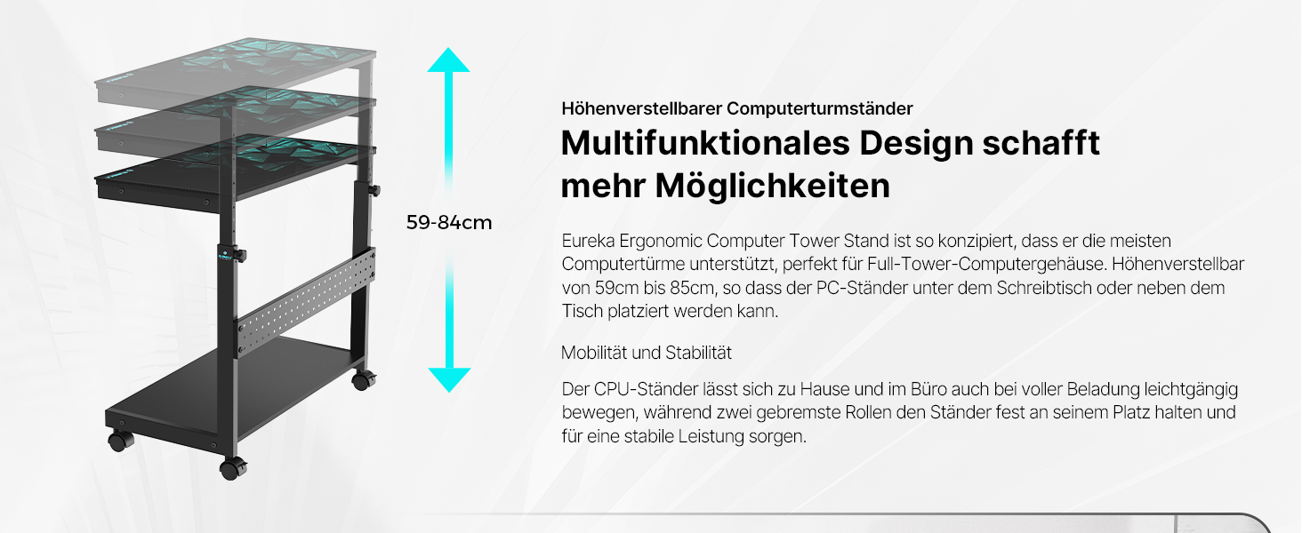 Підставка для комп'ютера EUREKA ERGONOMIC, регульована по висоті, ATX, для CPU, під стіл, з коліщатками, з підкладкою під мишу, чорна