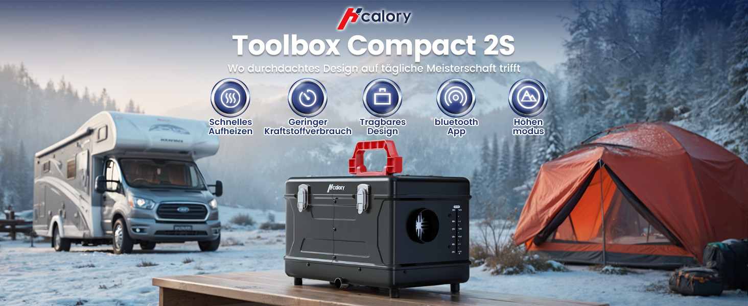 Портативна дизельна пічка опалення 8kW з пультом керування, Toolbox Compact 2S, 220-240V AC та 12/24V DC, 0,12–0,36 л/год, адаптивна до висоти 5500м, тиха робота, оновлення 2025