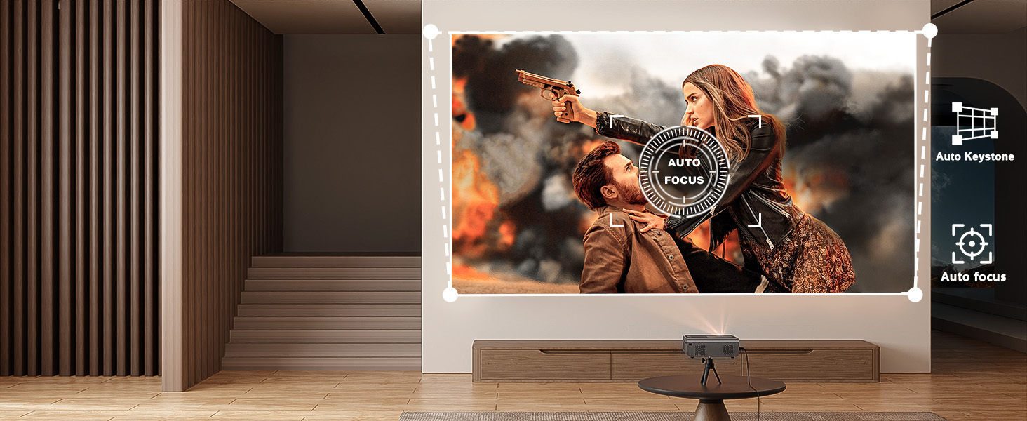 4K проєктор VISSPL 28000 люмен з автофокусом та корекцією трапецеїдальної спотворення, Wi-Fi 6, Bluetooth, Dolby Audio, Netflix, 360° обертовий штатив для домашнього кінотеатру та використання на відкритому повітрі