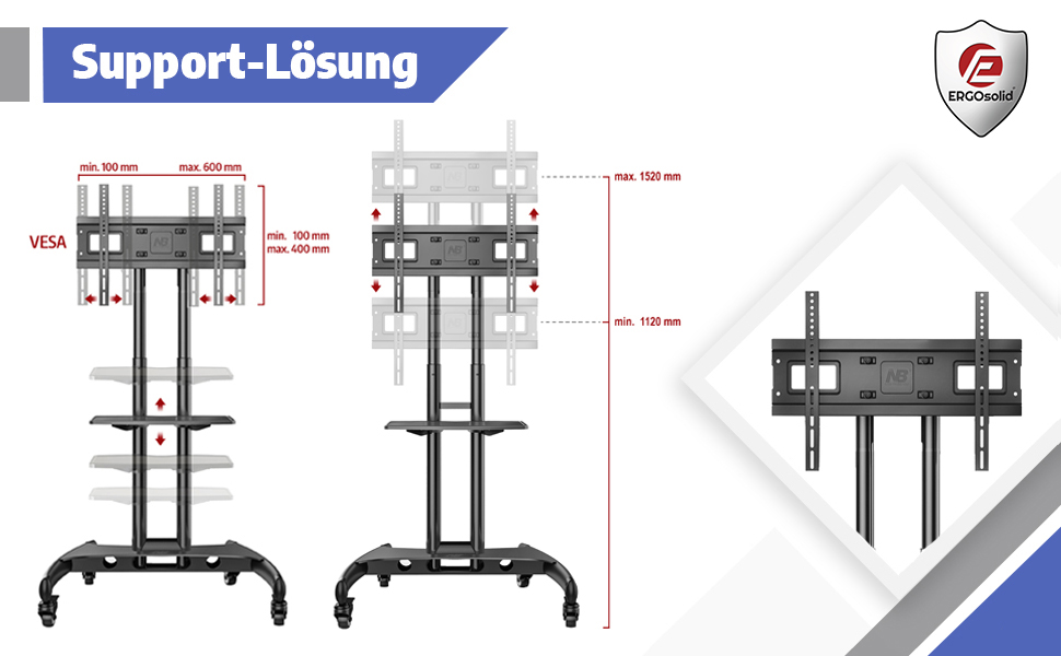 Підставка для телевізора Ergosolid AVA1500B на колесах, чорна, до 45.5 кг, регульована для LCD/LED/Plasma