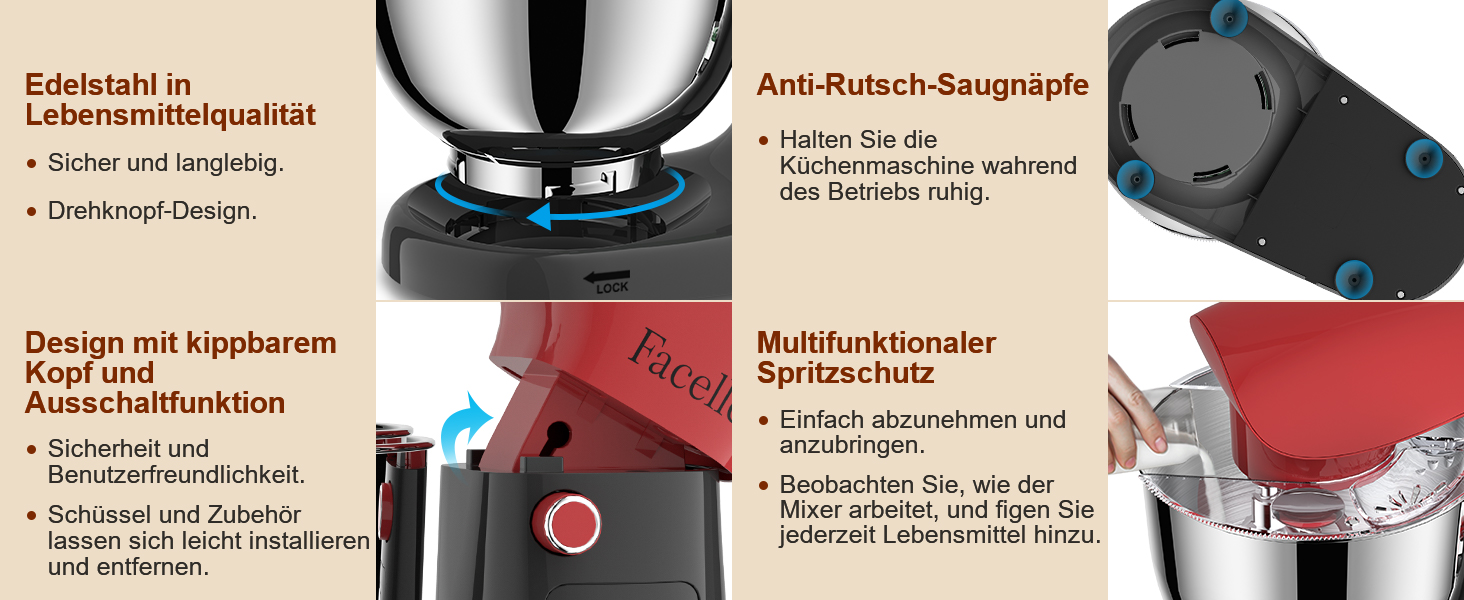 Кухонна машина-міксер Facelle 1500W з чашею 5.5L/4.5L, 10+ програм, тиха робота, з набором насадок (червоно-сірий)