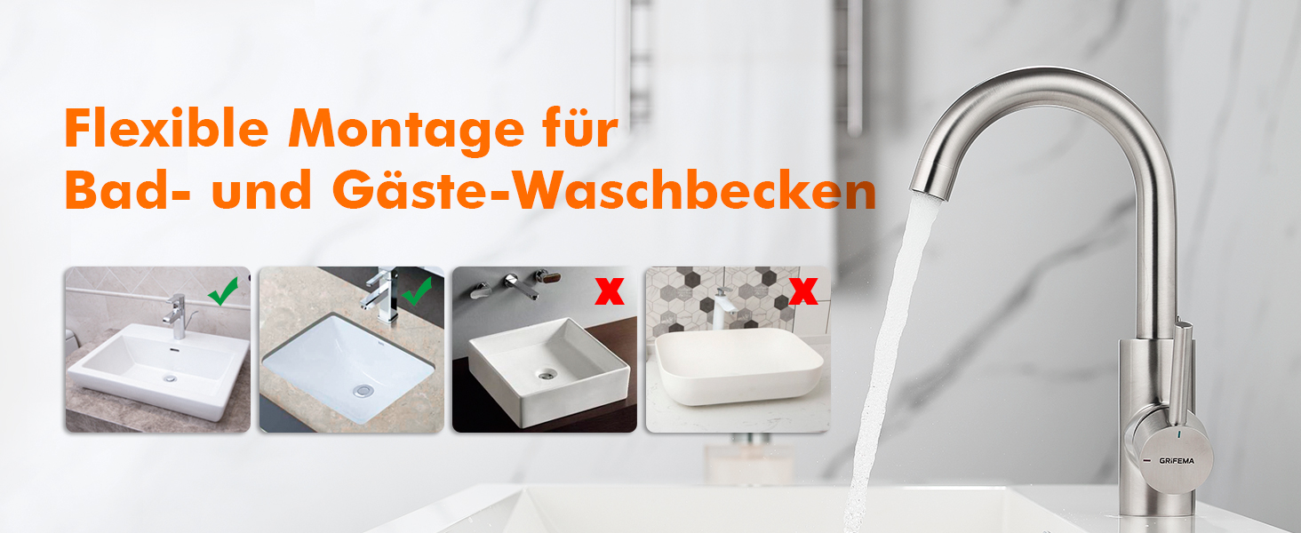 Змішувач для ванної кімнати GRIFEMA, 360° поворотний, однорідний, нержавіюча сталь, 180 мм, холодна та гаряча вода, економія води, проста установка, 3/8″ з'єднання, для гостьового туалету, G1002A сірий