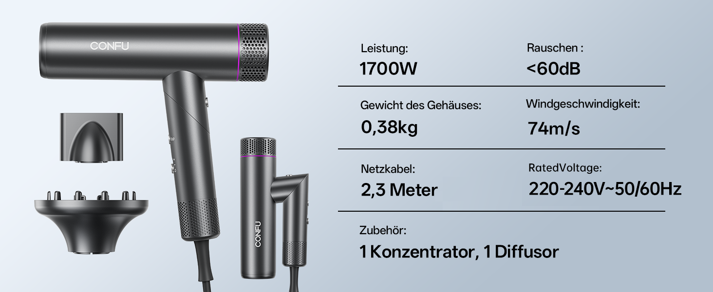 Професійний іонний фен для волосся CONFU 1700W, складаний фен з магнітним дифузором та стилізуючою насадкою, темно-сірий