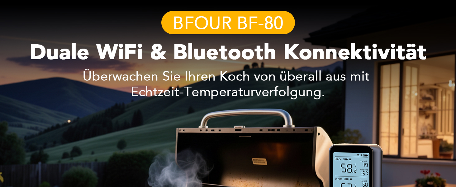 Бездротовий термометр для м'яса BFOUR BF-80 з Bluetooth та Wi-Fi, 2 зонди, 6 сенсорів, IP67 водонепроникний, сенсорне управління, APP-керування, термометр для приготування BBQ, духовки та гриля