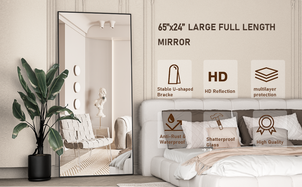 Дзеркало підлогове Ganzkörperspiegel 165x60 см, чорна рама, для спальні, вітальні, настінне або підлогове встановлення