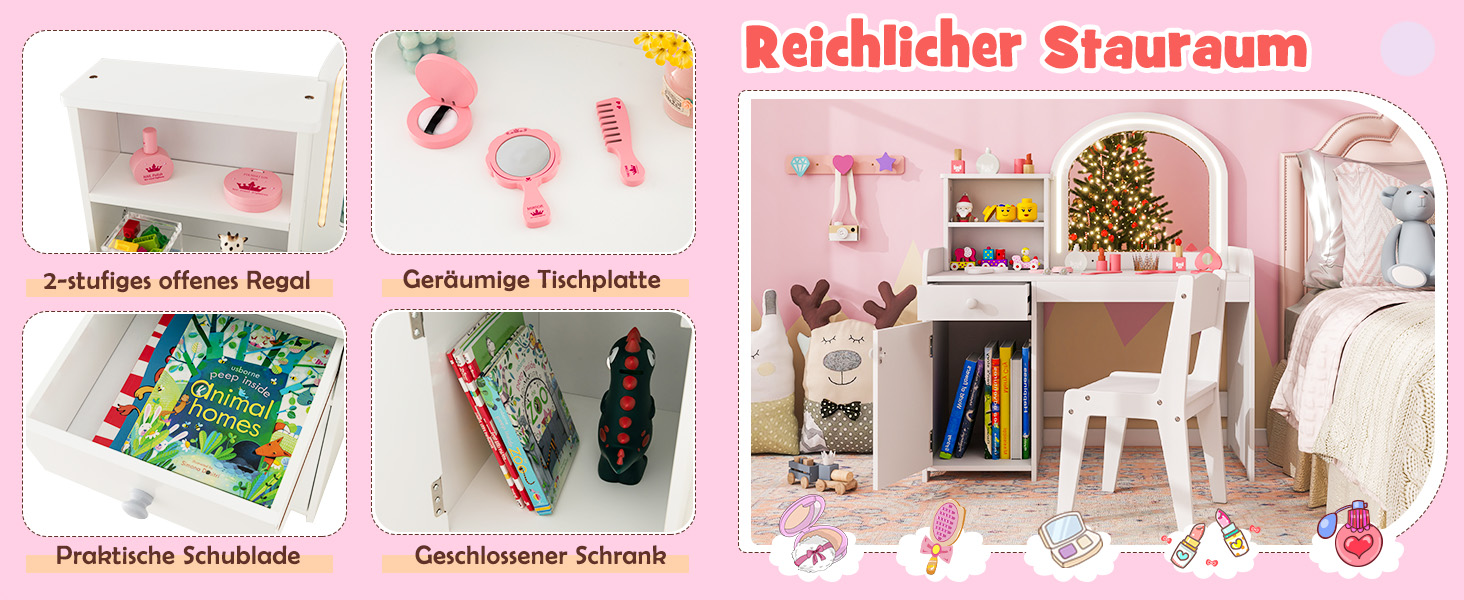 Дзеркальний столик для макіяжу Dreamade 2 в 1 для дівчаток з пуфом та LED-підсвіткою, з ящиком, полицею та шафкою, з дерева (білий)