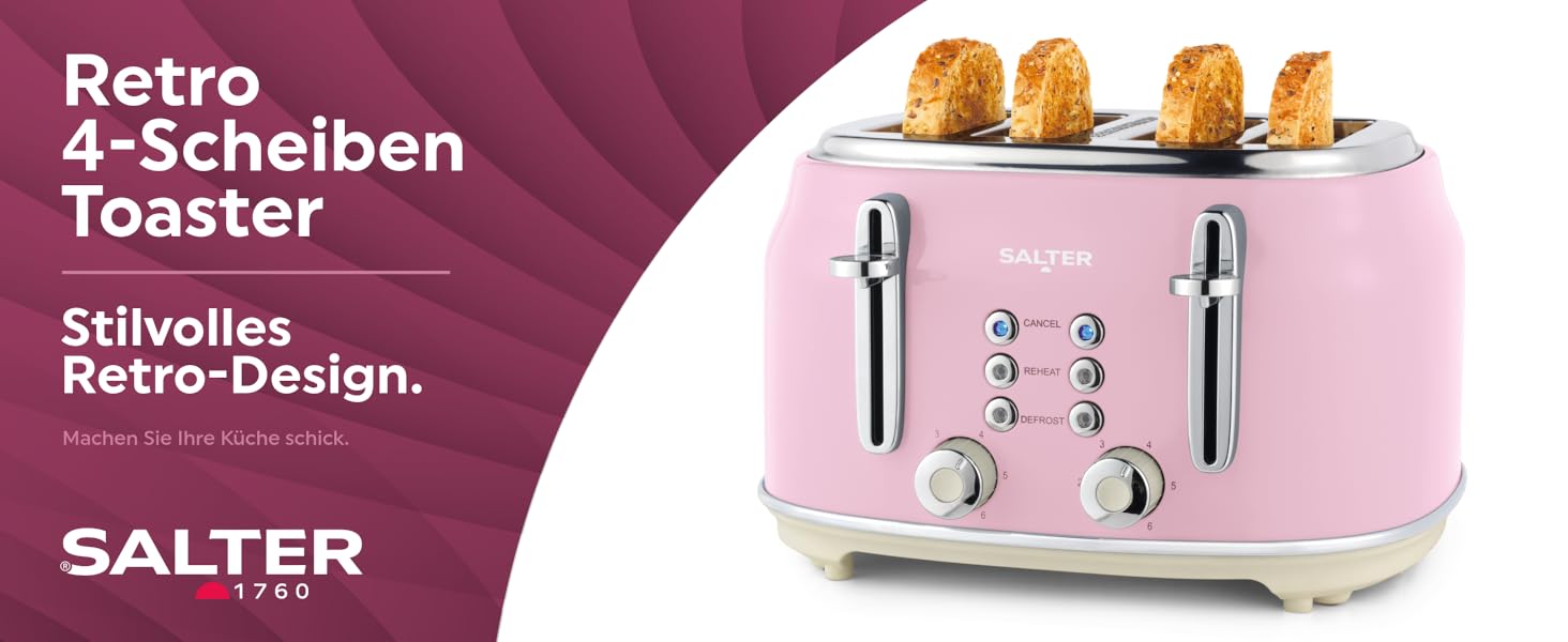 Тостер SALTER Retro на 4 скибки, рожевий, 1630 Вт, широкі отвори, 6 режимів підсмажування, функції розморожування, підігріву, відміни, знімний піддон для крихт, автоматичне центрування