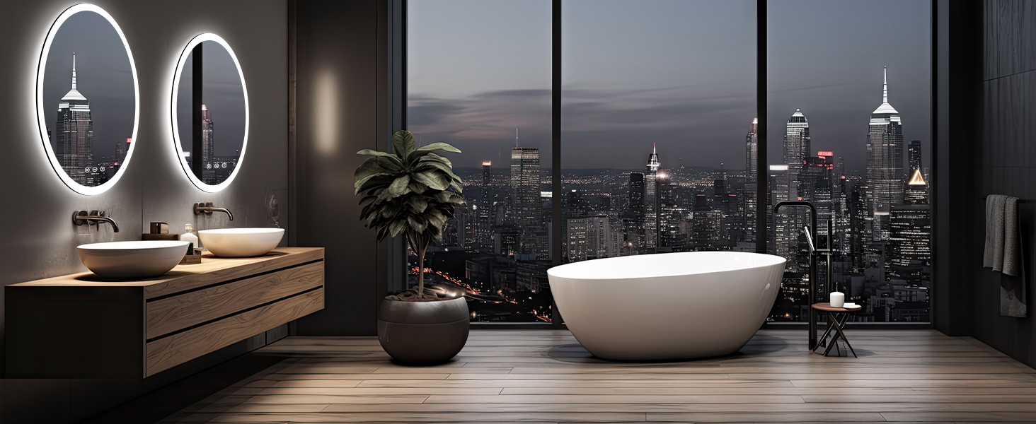 Дзеркало кругле PESENXAN 70см з підсвічуванням та чорним каркасом. Антизапарник, регулювання яскравості, 3 кольори світла, LED, сенсорне управління, функція пам'яті. Розміри: 70x70 см