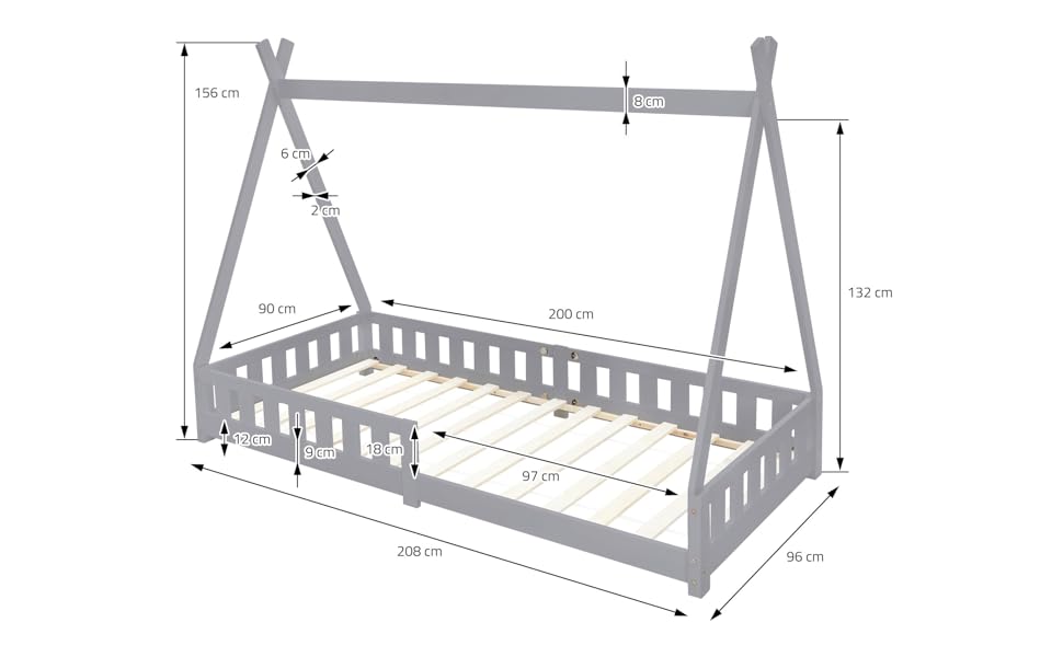 Дитяче ліжко ML-Design Teampee 90x200 см світло-сіре із захистом від падіння та рейковим каркасом, сосна, індійська Ліжко з масиву дерева для дівчаток і хлопчиків, будиночок ліжко з огорожею Дитячий будинок Молодіжне ліжко Ігрове ліжко Намет