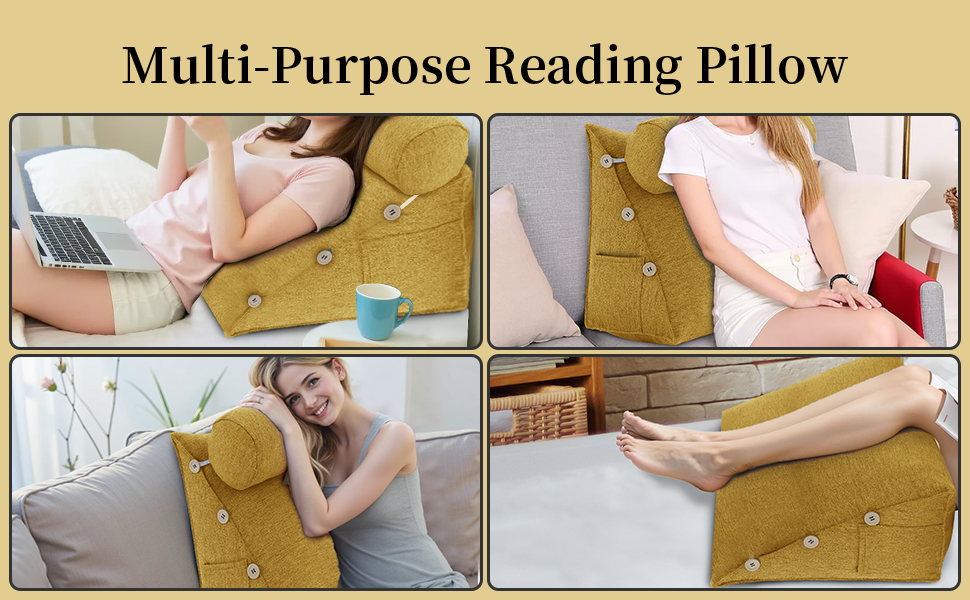 Підкова для читання Bettkeil, регульоване подушечкове ліжко, трикутна подушка, подушка-клинок, диванна подушка для попереку, шиї, подушка для підтримки спини з знімним льняним чохлом (жовтий, з подушкою для шиї 60см)