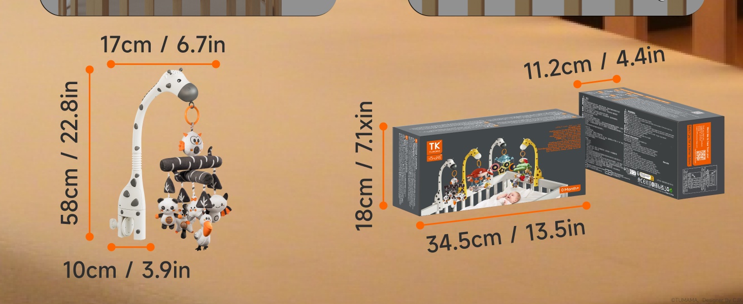 Мобіль для дитячого ліжечка TUMAMA для малюків 0-6 місяців з нічником, проєктором, музикою та білим шумом, чорно-біле іграшкове звірятко для підвішування