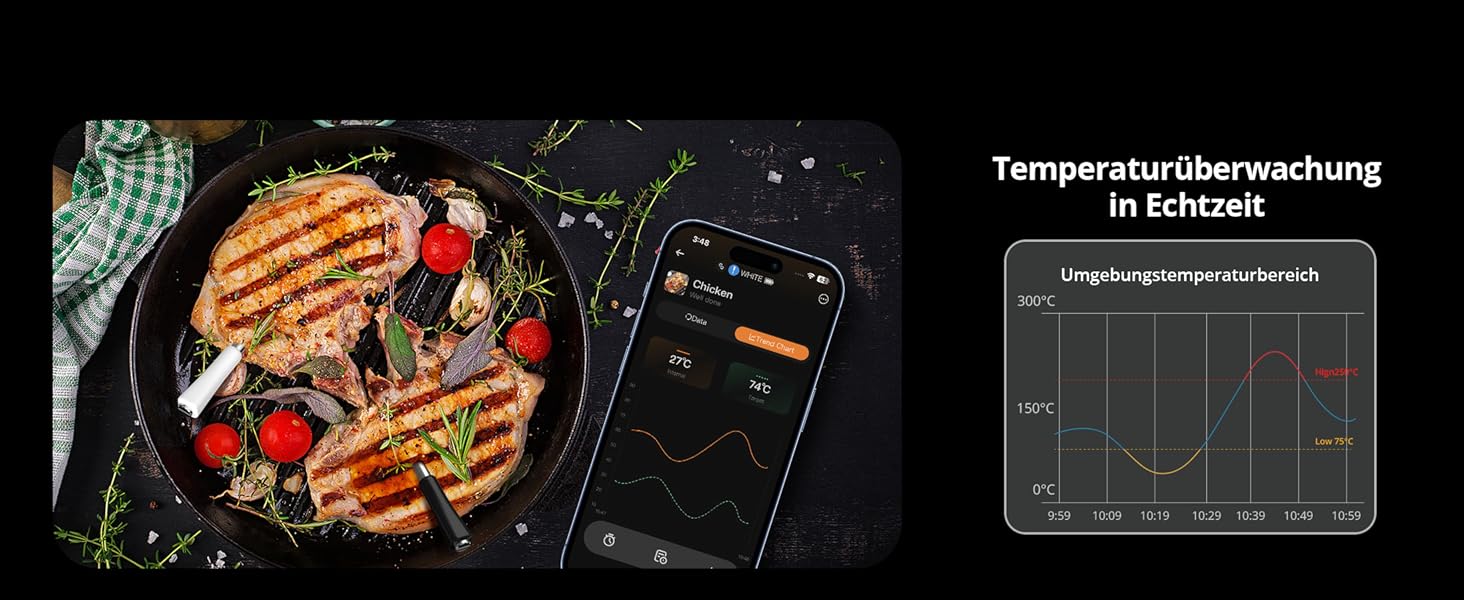 Бездротовий термометр для м'яса з 2 зондами, Bluetooth 5.4, Wi-Fi, LED-дисплей, для приготування BBQ та кулінарії
