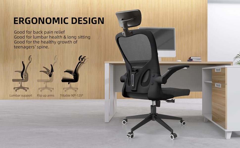 Офісний крісло Monhey з регулюванням висоти, поворотне, з відкидними підлокітниками, дихаюча сітка, регульована підголовник та інтелектуальна підтримка попереку – для дому та офісу (чорний)